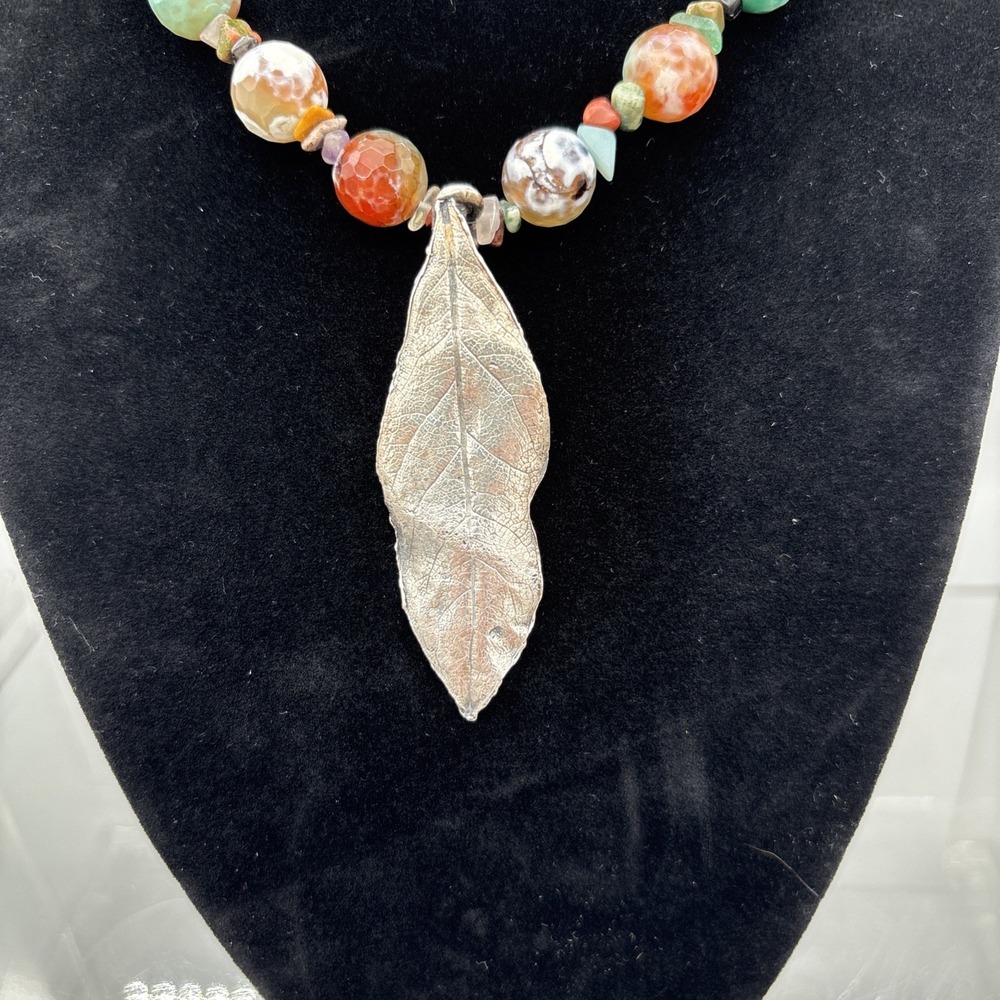 VTG Artisan Beaded Natural Gemstone Agate? Jasper? Silver Leaf Necklace GIFT 20"